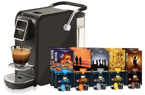 Martello Kapselmaschine SMART schwarz | 1400 Watt | 20 Bar | 0,75 Liter + Martello Kaffeekapseln PROBIERSET | UTZ Zertifiziert, Nachhaltig und Fair, von Hand gepflückt