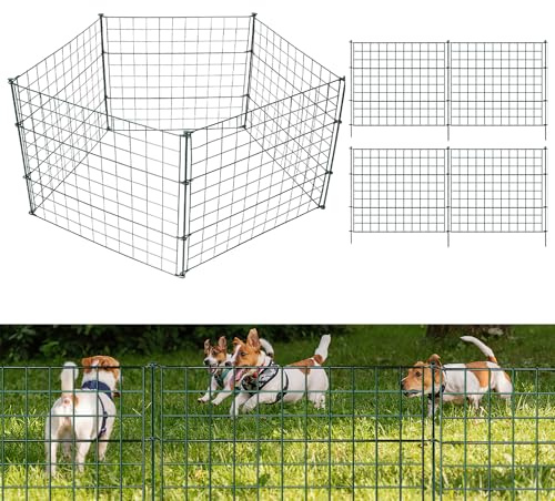 Fiqops Teichzaun Gartenzaun Steckzaun Komplettset Metall 5 Zaunelemente Länge 3,74 m, Inkl 6 Befestigungsstäbe, Hundezaun, Gitterzaun Set für Tierbarriere (Gerade,Grün)