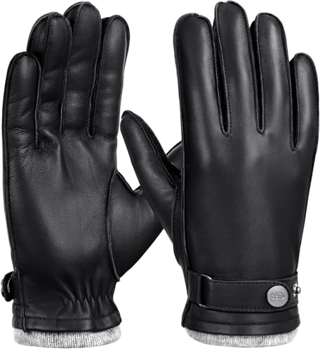 GSG SINCE 1998 - Gants Cuir Homme Hiver d’Agneau Premium, Tactiles et Doublés Laine, Chauds et Élégants pour Conduite Noir S