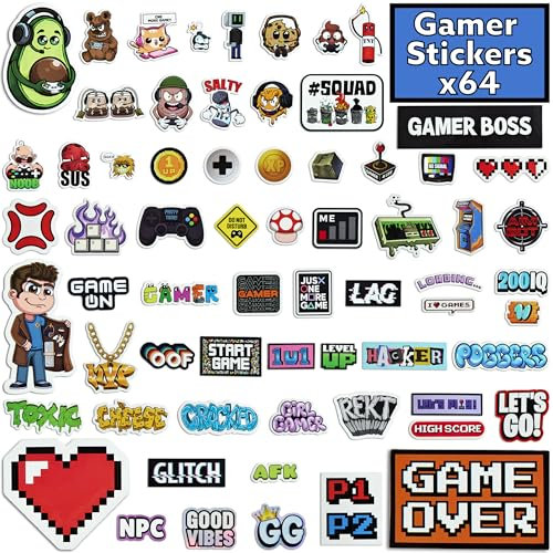 Gamer Boss - Video Game Stickers for Laptop - Skateboard Stickers for Teens - Boy Stickers for Water Bottle - Gaming Stickers for Boys 8-12 - Vinyl Stickers for Kids - Die Cut Sticker Pack (64 Pack)