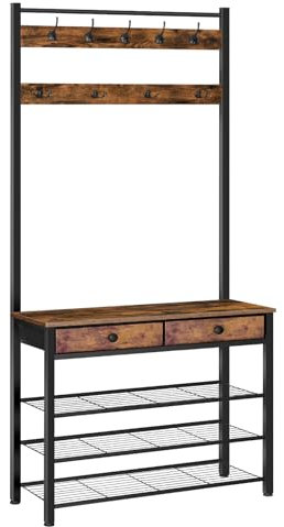 HOOBRO Garderobenständer, Schuhregal mit Garderobe, 2 Schubladen aus Vliesstoff, Garderobe mit Sitzbank, Schuhschrank mit Aufbewahrung, für Flur, Vintagebraun und Schwarz EBF81MT01