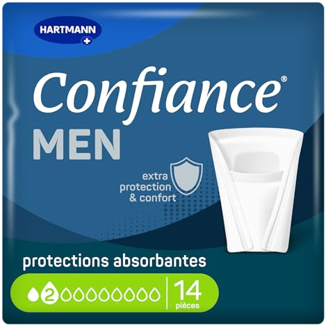 Confiance Men 2 kleine Tropfenschutz, saugfähig, für Männer | 14 Einlagen für mittlere Blasenschwäche, pH-hautneutral, diskret und bequem, 14,7 x 11,5 cm