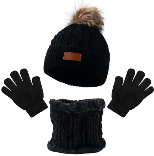 MUNSKT 3Pcs Kids Winter Warm Beanie Hat Scarf Gloves Set for 1-5 Years Old Boys Girls. Winter Accessories Sets for Children Outdoor Sports, Knit Thick Warm Fleece Lined Thermal Sets (Black 1)