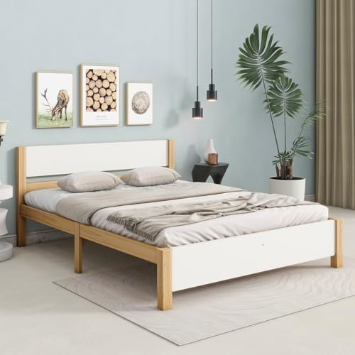 futonbett, Bett 140x200 cm aus Kiefernholz. Holzbett/Einzelbett mit Lattenrost. Bettgestell aus Holz. Bett für Erwachsene, Jugendliche oder Kinder. Haupt- oder Gästebett (Weiß+Natur, 140x200 cm)