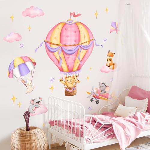 Tanlaby Rosa Heißluftballon Wandaufkleber Cartoon Tiere Wandsticker Leopard Elefant Fuchs Wanddeko für Jungen und Mädchen Babyzimmer Wandbild Kinderzimmer Schlafzimmer Wohnzimmer