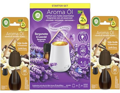 Air Wick Aroma-Öl Diffuser Starter-Set inklusive 1 Gerät, 1x20ml Bergamotte & Lavendel & 2x20ml Süße Vanille & Sheabutter Nachfüller