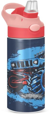 Bouteille d'eau pour enfants avec paille - 350 ml - Monster Truck - Isotherme en acier inoxydable - Anti-fuite - Sans BPA