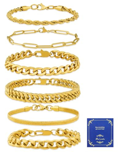 AWARDSEN 6 Pcs Mens Bracelets, Stainless Steel Bracelet for Men, Silver/Gold/Black Cuban Chain Bracelet Mens Jewellery Fashion Accessories Gift for Fathers Day Boyfriends Husband 7.5 8.3 9