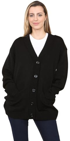 Womens Grandad Cardigan, Ladies Plain V Neck Long Sleeve Open Front 5 Button Longline Oversized with 2 Front Pockets Knitted Sweater UK Plus Size 8-26