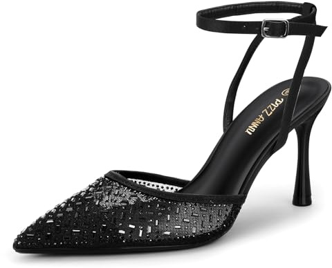 PIZZ ANNU Women's Cienna High Heels Sexy Stiletto Pumps Closed Toe Mesh Sparkly Rhinestones Ankle Strap Dress Wedding Party Pumps Shoes, Black 8.5