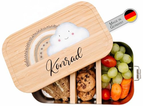 wunderwunsch® - Personalisierte Brotdose für Kinder - Robuste und Individuelle Edelstahl Brotdose mit Namen - Personalisierte Geschenke für Kinder (klein Weißblech,Regenbogen beige)