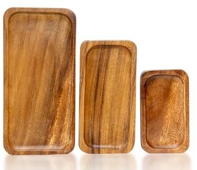 Generisch Lot de 3 assiettes de service rectangulaires en bois d'acacia – Bols de service en bois pour antipasti, tapas, pain, planches de service 18/25/30 cm – Assiettes rectangulaires en bois
