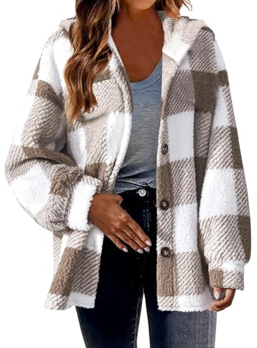 Veste À Carreaux Femme Surchemise avec Capuche Chemise Manches Longues Hiver Veste Bouton Down Blouse Carreaux Bûcheron Manteau Chaud Oversized Décontracté Chic Chemisier