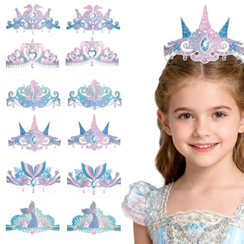 ZORVYN 12 Stück Geburtstags Kinder Partyhüte, Geburtstags Dekorationen, Mädchen Geburtstagsparty Krone, Einhorn, Meerjungfrau, Glitzernde Stirnbänder, Prinzessin Partyzubehör (Lila, Rosa)