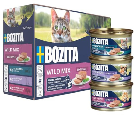 Bozita Mousse Wild Mix – 12x85g Nassfutter für Katzen in Mousse-Textur mit Rentier, Hirsch oder Wildschwein - getreidefrei, ohne Zuckerzusatz und Farbstoffe - mit Postbiotika unterstüzt die Darmflora
