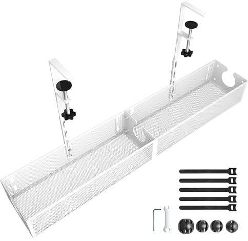 Under Desk Cable Management Tray - No Drill or Screw Mount Option, Heavy Duty Metal Cord Organizer Rack, Power Strip Holder for Office & Home