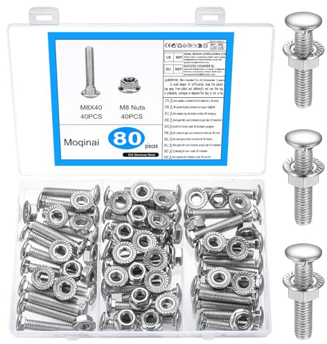 80 stycken låsskruvar M8 x 40 mm, låsskruv muttrar set, rostfritt stål dörrbandsskruv med sexkantflanschmuttrar, platta skruvar med runt huvud säkerhetsskruv med muttrar set