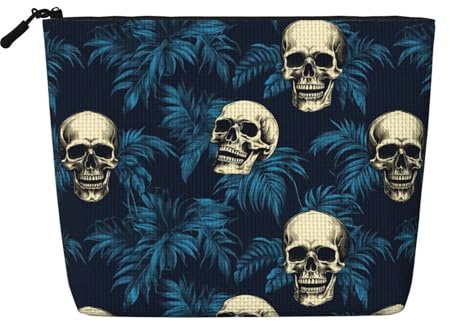 WINCCOR Skull And Palm Leaves Pattern Bag Fake Hemp Makeup Bag Travel Bags Toiletry Pouch with Zipper 9.45 X 6.7 In