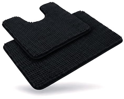 Linruione Halkfri och tvättbar badmatta i plysch - Badmatta för badrum - Snabbtorkande duschmatta - Svart - 50 x 80 + 50 x 50 cm