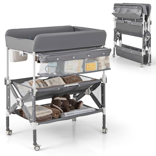 GOPLUS Cambiador Portátil para Bebés, Centro para Cuidado Infantil con Altura Ajustable, Cubierta Impermeable, Estantes y Papelera, Estación Plegable para Pañales con Ruedas (Gris)