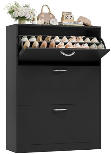 FirFurd Schuhschrank mit 3 Klappen, Schuhkipper für 12-24 Parre, schwarz | Schuhschrank hoch, Schuhkipper mit verstellbaren Trennwänden, Schuhregal, Schuhkommode für Diele, Flur, Eingang 108x80x23,5cm