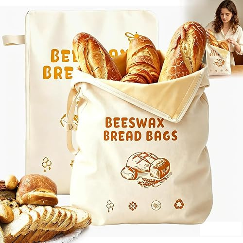 Beeswax Bread Bag, 2PCS Reusable Cotton Linen Bread Storage Bags,Bread Bag | Large Beeswax Bread Bags with Zip Closure, Bread Bags For Homemade Bread, For Homemade, Bakery Essentials, Bread Box