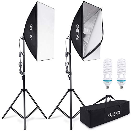 Softbox Studio Fotografico, RaLeno 50x70cm Soft Box Kit con 2pcs E27 Socket 5500K Lampadina Foto Modello Ritratti Scatola per Riprese Fotografia di Prodotti e Attrezzature per la Cattura Video