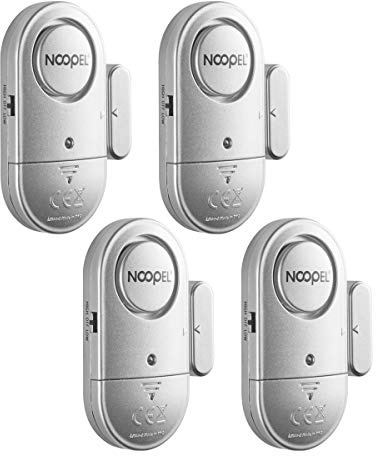 Lot de 4 alarmes de Porte et fenêtre avec Deux Niveaux de Volume - Aimant NOOPEL déclenché cambriolage - Détecteur d'entrée pour sécurité Domestique avec Piles incluses