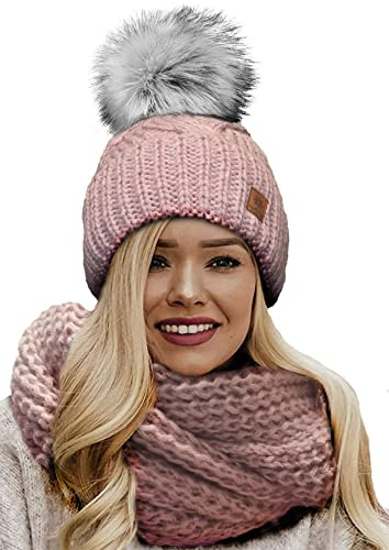4sold Dam vinter ribbad handgjord stickad mössa & halsduk mohair ull mössa med tjock fuskpäls tofs pom pom inuti mysig fleecefoder, Set halsduk & hatt Birma Rouse rosa, en storlek