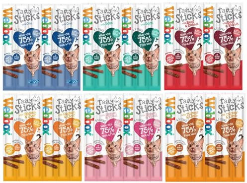 Webbox *NEW* 6 PACK MIXED CAT STICKS CAT KITTEN MEATY STICK TREAT COD DUCK BEEF CHICKEN TURKEY SALMON