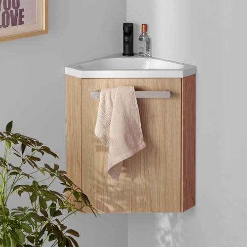 MOB-IN Meuble Lave-Mains SKINO décor chêne avec Vasque Blanche + Robinet Noir