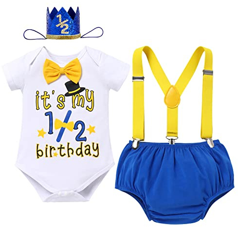 Infant Baby Boy It's My 1/2 Birthday Cake Smash Outfit Half Birthday 6 Months Party Photo Shooting Gentleman Costume Short Sleeve Romper Suspenders Diaper Cover Shorts Mini Crown Hat 4pcs Royal Blue