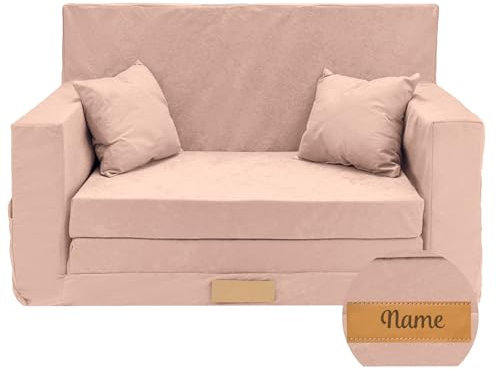 Flumi Personalisierte Kindercouch: Mini Schlafsofa für Kinderzimmer, Kuschelecke, Spielsofa, Kindersofa, Kleine Couch mit Gravur, Velvet-Stoff,92x40x60, Ideal für Leseecke und Jugendzimmer (Rosa)