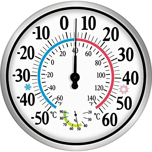 12 Außenthermometer große Zahlen-Dekorative Außenthermometer für Terrasse, Wandthermometer Hygrometer mit Edelstahlgehäuse, batterieloses Innen-Außenthermometer kabellos (Silber 1)