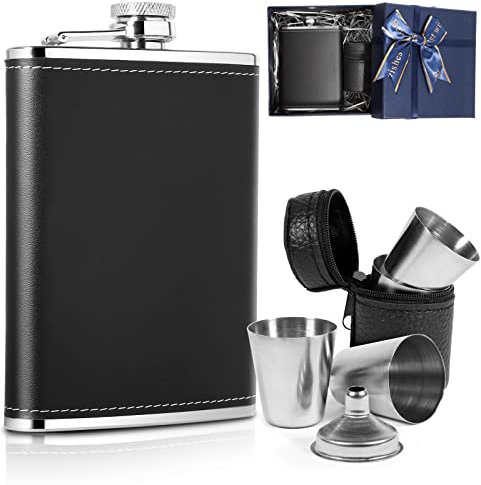 LILABIENE Flachmann Geschenkset Leder Edelstahl Schwarz mit 4 Becher Trichter für Männer Geburtstag Vatertag Weihachten 8oz/240ml