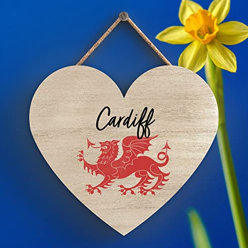 Global Designs Cardiff Welsh Dragon Location Wooden Heart Hanging Plaque