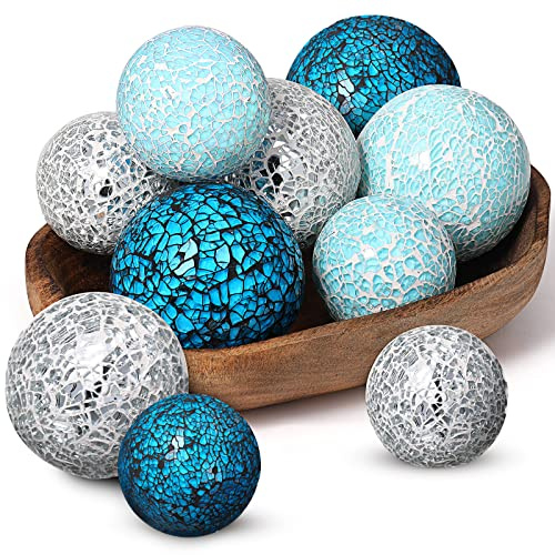 Jetec 18 Pcs Decorative Balls for Bowls, 3 Inch, 2.4 Inch Blue Orbs Glass Balls for Centerpiece Mix Color Mosaic Sphere for Christmas Wedding Party Home Decoration Dining Table