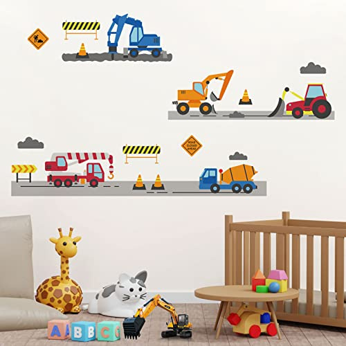 Kids Construction Vehicles Wall Decals Peel and Stick Engineering Vehicles Decals Forklift Excavator Crane Mud Tankers Trucks Wall Stickers, Removable Kids Wall Stickers for Boys Bedroom Playroom Decor