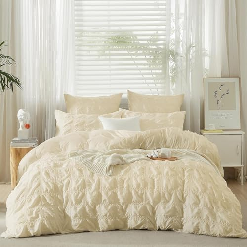 YASMENG Seersucker Sängkläder, 200 x 200, sommar, beige, rutigt påslakan-set, mysigt, mjukt, ventilerande mikrofiber, sängkläder, moderna sängkläder, 3 delar med dragkedja och 2 örngott, 80 x 80 cm