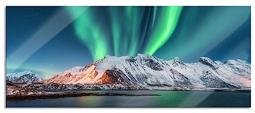 Pixxprint Glasbild Panorama, Wandbild aus Echtglas, Nordlichter über Gletscher in Norwegen, 120x50 cm, inkl. Aufhängung und Abstandshalter