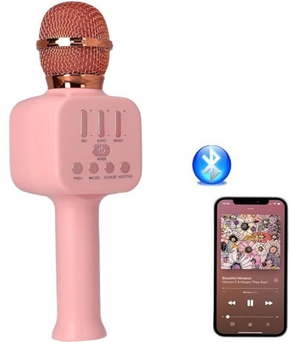 COSHANO Micrófono Inalámbrico con Altavoz y luz RGB Karaoke Bluetooth, Infantil, Portátil para niños y Adultos Cantar Musical. (Rosa)