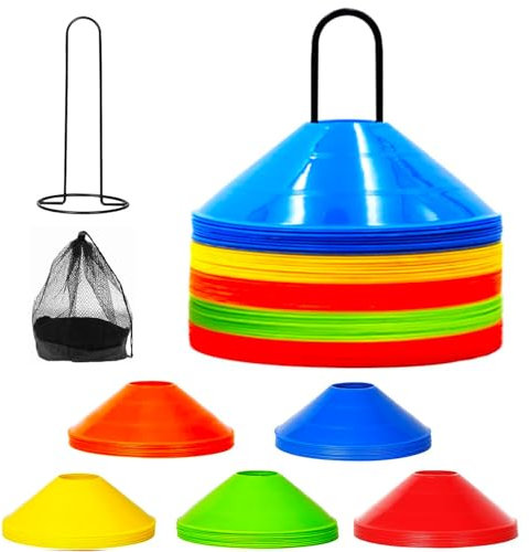 ZHENXITC 50 Stück Fußball-Hütchen, Fußball-Trainingshütchen, Markierungshütchen mit Ständer, 5 Farben Sporthütchen, Fußball-Trainingszubehör