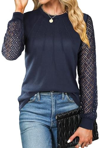 Cuptacc Maglietta Donna a Maniche Lunghe Tunica Collo Rotondo Monocolore Top con Pizzo Maniche Blusa in Tessuto a Coste Camicie Elegante Blu Scuro, XXL 50