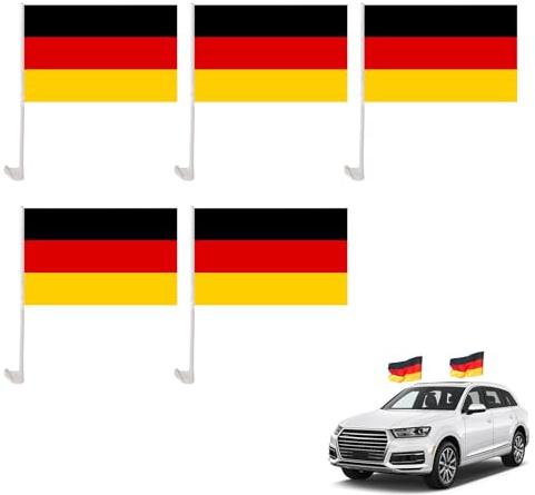 EM2024 Deutschlandflagge fürs Auto, 45 x 30 cm, Autoflagge mit 43 cm Kunststoffstange und Befestigungsclip – Perfekte deutschland fahne und deutschland deko für Ihr Fahrzeug (5 Stück)
