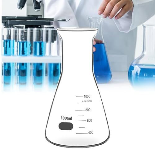 PLABNK Wide Neck Erlenmeyer Flask, High Transparency/Easy Observe,Thickened Glass/High Temperature Resistance, with Scale, for Educational, Research, Life Science Applications,1000ml