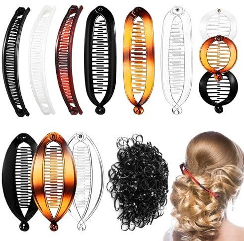 12 Piezas Pinza de Pelo de Plátano Retro de Plástico Set, Soporte de Garra de Cola de Caballo de Pez Redondo Vintage con Gomas Elásticas, Peine Doble Francés de Plátano para Niñas Señoras
