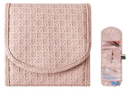 Bieiyhe Portagioie Rotolo per Gioielli Borsa, Pelle Pu Rotolo Portagioielli da Viaggio,Jewelry Organizer per Gioielli da Viaggio,Pieghevole Portagioie Organizzatore per Anelli Orecchini Collane -Rosa