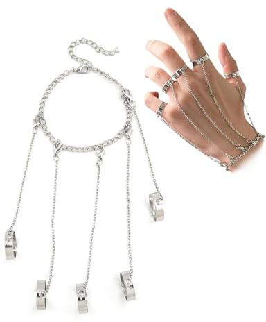 KGDUYC ring kette, armband mit ring verbunden，vintage ringe，Vintage Open Fingerring mit Kette, Punk Ring Armband für Damen Herren, Layered Fingerring Armband Silber Slave Armband (Silbrig)