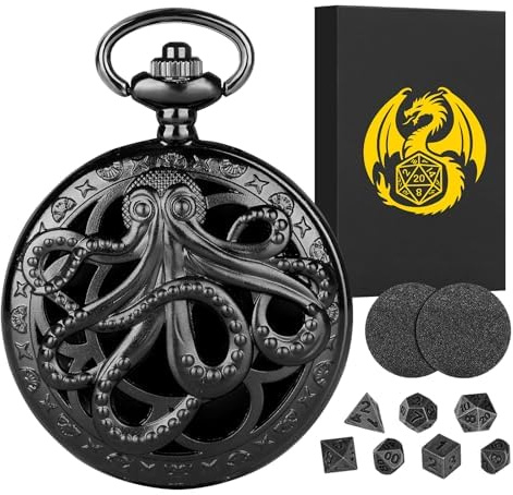 Set di dadi mini DND con custodia a conchiglia per orologio da tasca a forma di polpo steampunk, set di 7 dadi in metallo poliedrici, regali di D&D con scatola regalo, accessori per giochi da tavolo