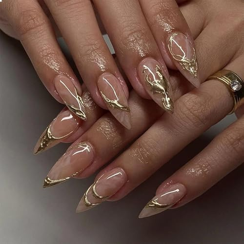 GlamRays Pack of 24 Almond Press-On Nails, Medium Length, Bronzing False Nails with Designs, Gold Line